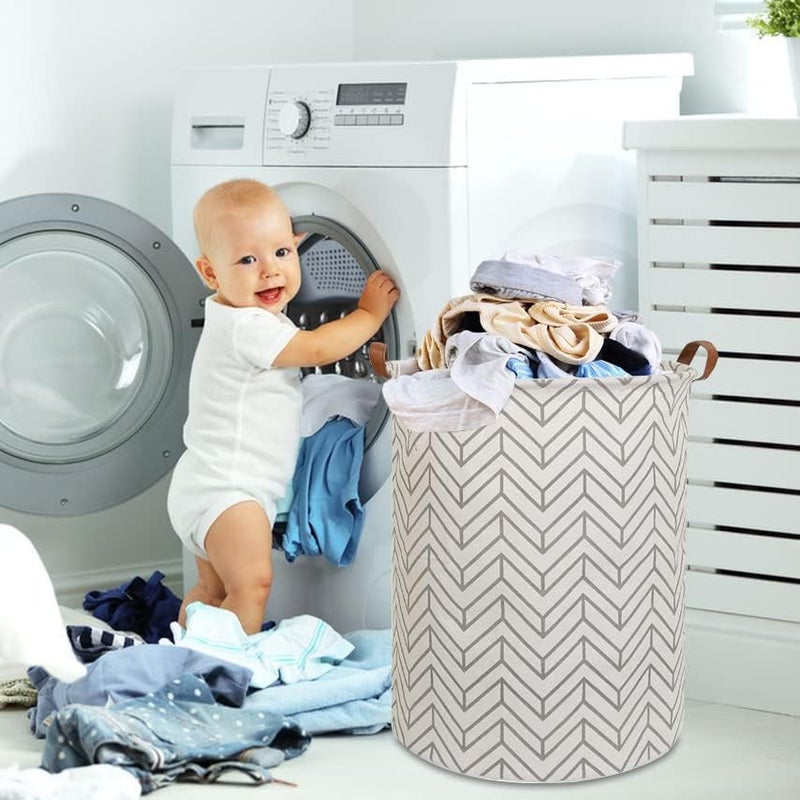 CLOCOR Large Round Storage Bin,Collapsible Storage Baskets, Dirty Laundry Hamper Baskets for Baby Boys and Girls, Office, Bedroom, Toys Nursery Kids Clothes Gift Basket (Grey geometry) - Image 4